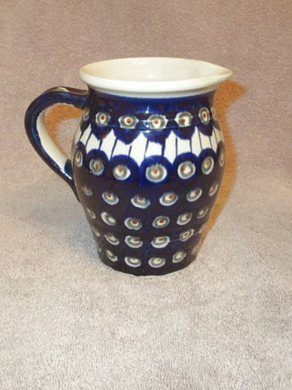 Polish Pottery Blue Eyed Peacock Pitcher Creamer Boleslawiec Painted Stoneware